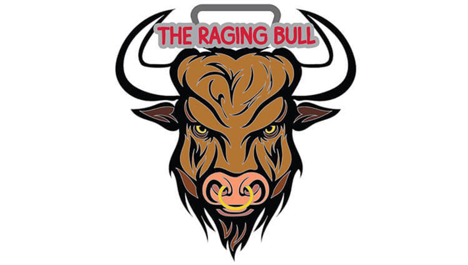 Logo of a fierce brown bull's head with yellow eyes and a nose ring, large horns, and the text "THE RAGING BULL" in bold red letters above its head.