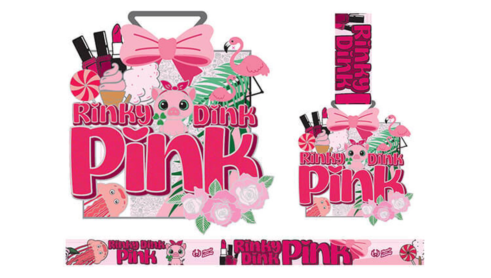 Bright packaging for "Rinky Dink Pink" features a large bow, flamingo, panda, flowers, cupcakes, lollipops, and nail polish. The design is colorful and playful with a predominantly pink theme.