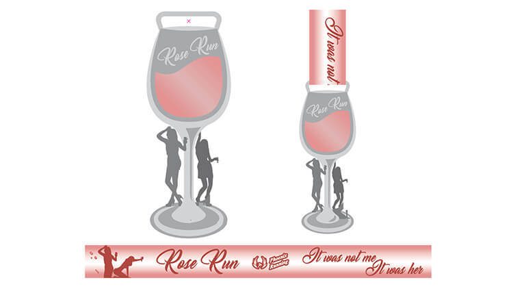 Illustration of two wine glasses with red liquid and "Rosé Run" text. Silhouettes of people running and posing are at the base. A decorative band features more silhouettes, the text "Rosé Run," and "It was me! I was her.