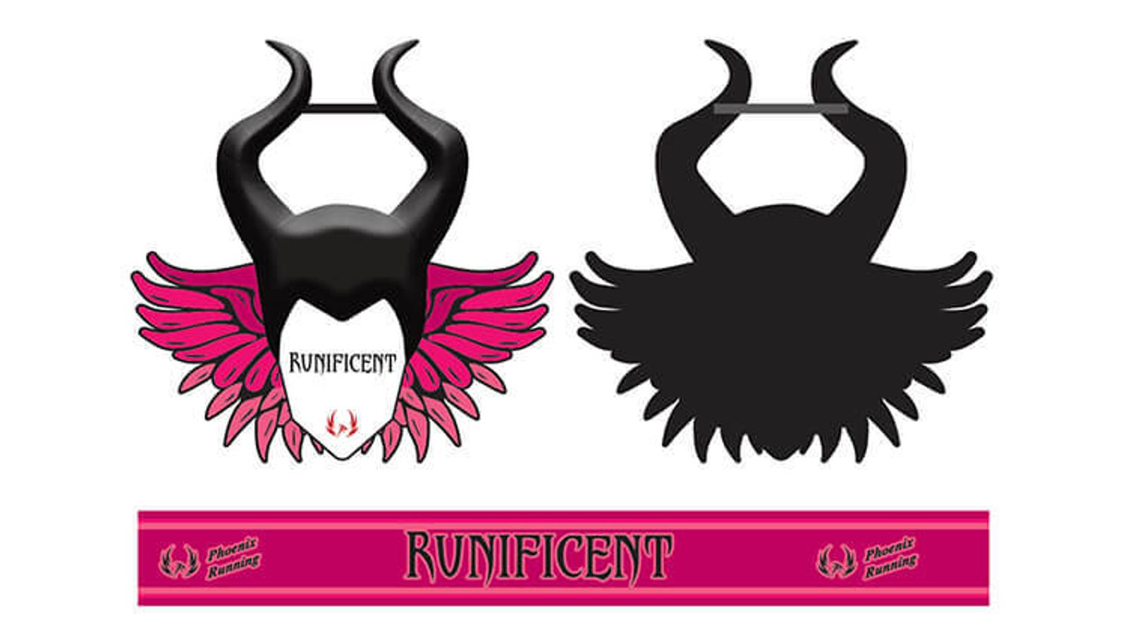 Illustration of a medal with horns and wings labeled "Runificent." The front shows detailed pink wings and the word "Runificent" in the center. The back is black with a simpler design. A pink ribbon has "Runificent" and "Phoenix" logos.
