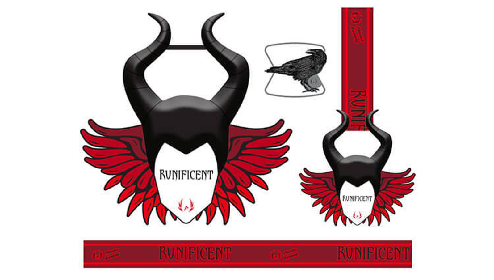 Illustration featuring a stylized, horned headdress, red wings, and the text "RUNIFICENT" on a lanyard and badge. A raven and RUNIFICENT text appear on a red ribbon. The design is inspired by Maleficent from Disney's Sleeping Beauty.
