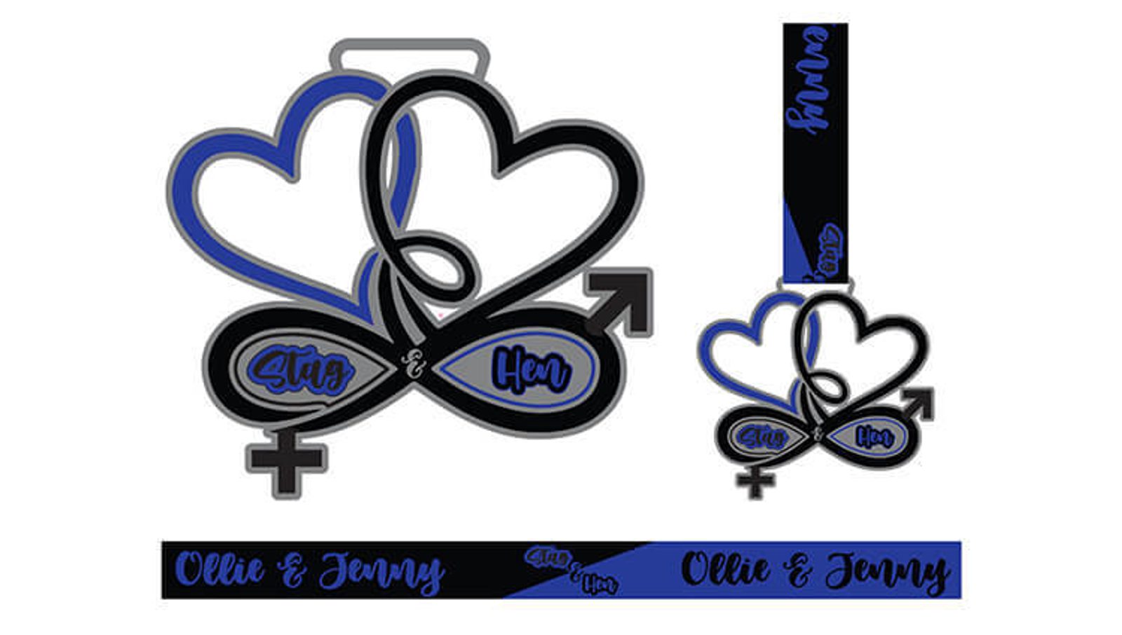 Infinity symbol with intertwined heart outlines, labeled "His & Her" and gender symbols. Includes text "Ollie & Jenny" on a patterned strip with a mix of blue, black, and white.