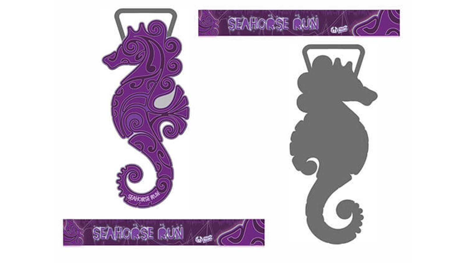 A purple seahorse-shaped medal with decorative patterns and the words "SEAHORSE Q10N," shown from the front and back, alongside a matching purple ribbon with the same text.