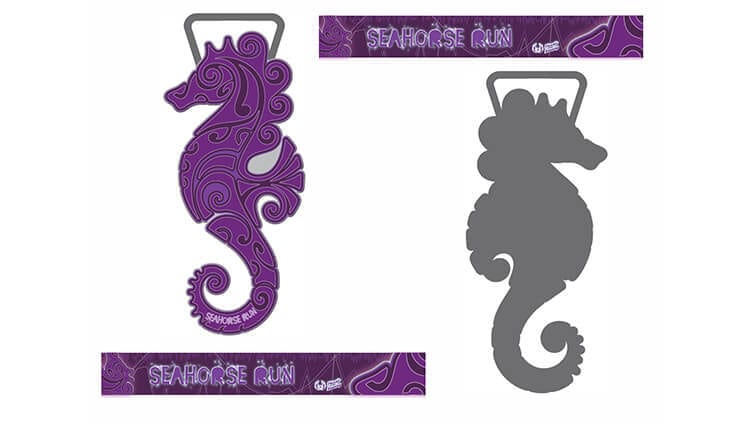 A purple seahorse-shaped medal with decorative patterns and the words "SEAHORSE Q10N," shown from the front and back, alongside a matching purple ribbon with the same text.