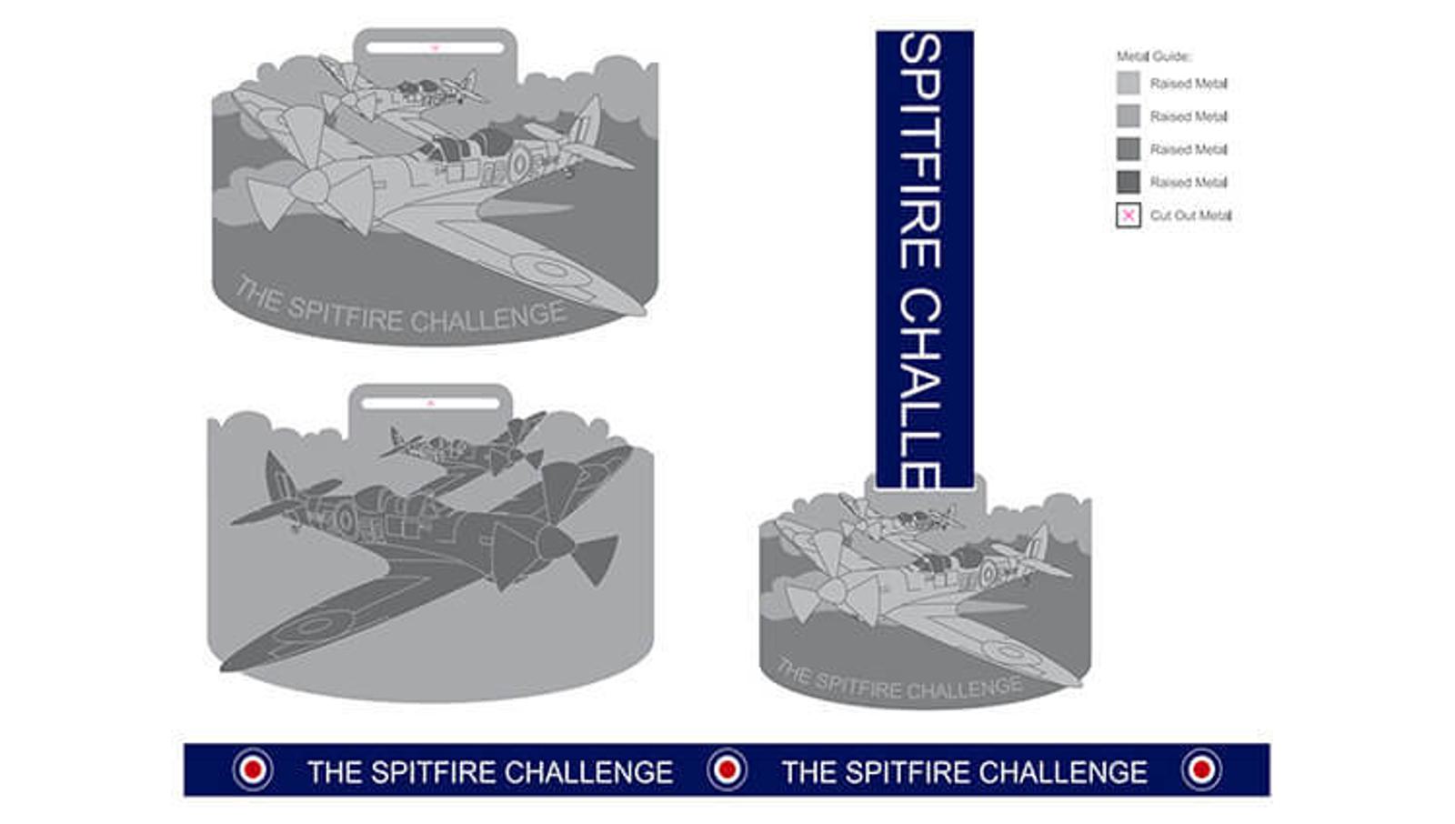 Illustration showcasing design details for "The Spitfire Challenge" medal, featuring two Spitfire aircraft images, medal specifications, and a blue ribbon. The medal guide highlights various text and image elevations, with a focus on raised and cut-out sections.