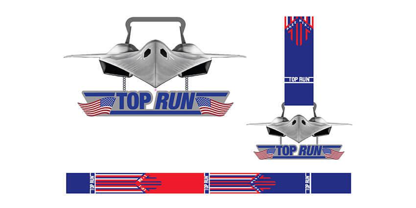 Illustration featuring a futuristic stealth aircraft above a "TOP RUN" banner with an American flag. The image is shown in two perspectives, emphasizing the aircraft and patriotic theme with red, white, and blue accents.