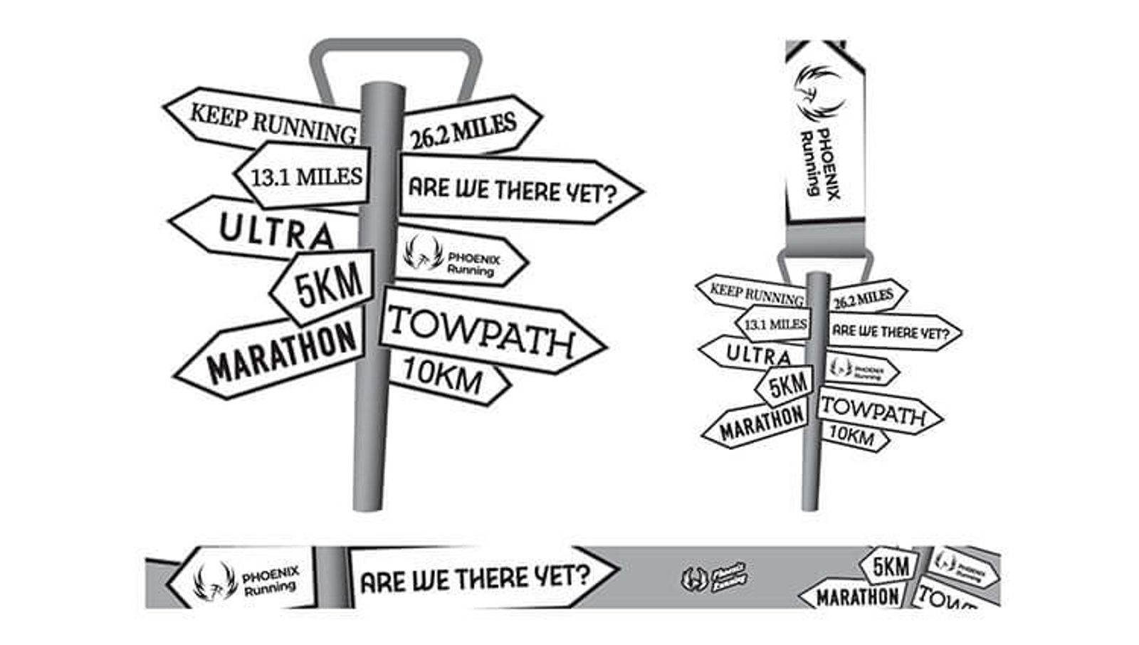 Illustration of a multi-directional signpost with labels: "26.2 miles," "13.1 miles," "Ultra," "5km," "Marathon," "Towpath 10km," "Keep running," and "Are we there yet?" Logos for Phoenix Running are also visible.