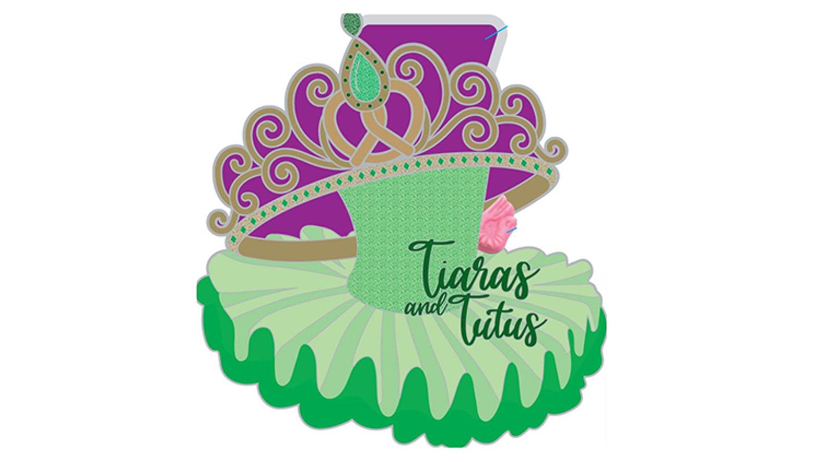 Illustration of a green tutu with frills, a matching green top, and a large purple and green tiara adorned with jewels. A pink rose is attached to the waist. The phrase "Tiaras and Tutus" is written on the tutu.