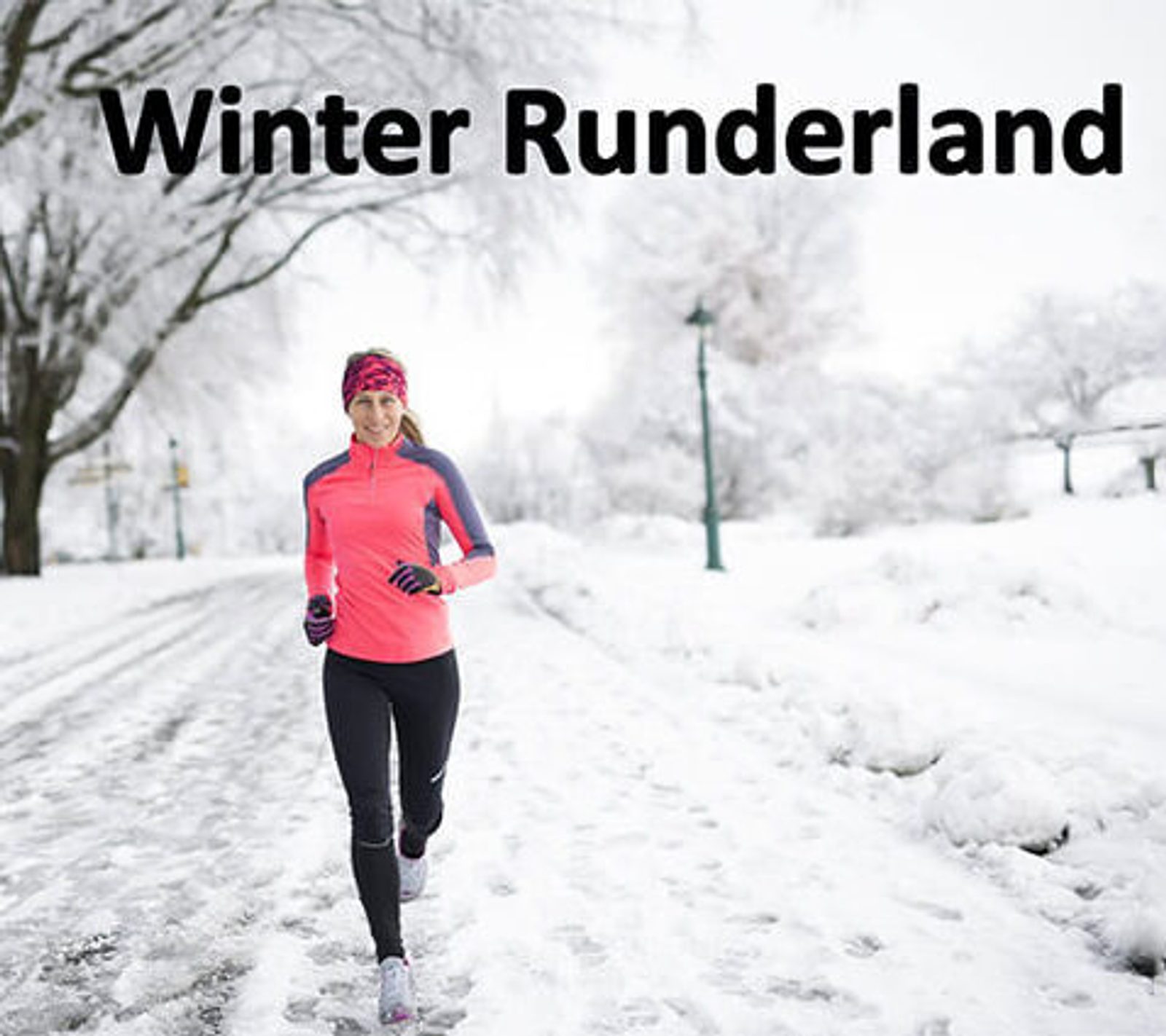 A person wearing a bright pink and gray jacket runs along a snow-covered path lined with snow-laden trees under the title "Winter Runderland." The scene evokes the brisk and invigorating feeling of a winter run.