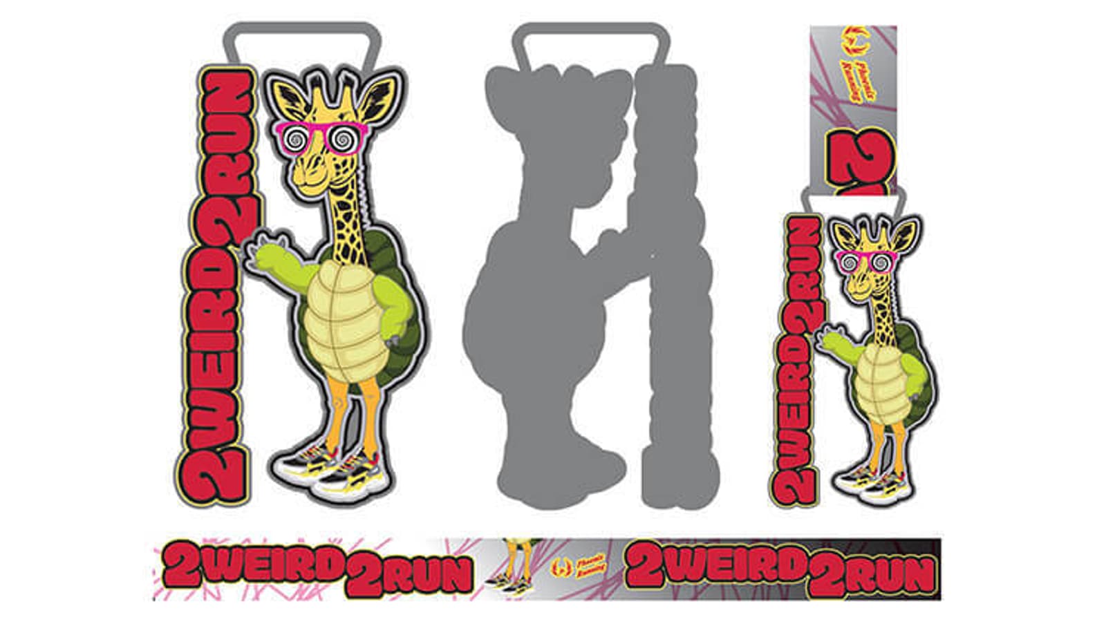 A cartoon giraffe wearing sunglasses and sneakers is featured on a medal and ribbon. The text "2WEIRD2RUN" is on the medal, which has a removable section that reveals the giraffe's silhouette. Bright and colorful design.