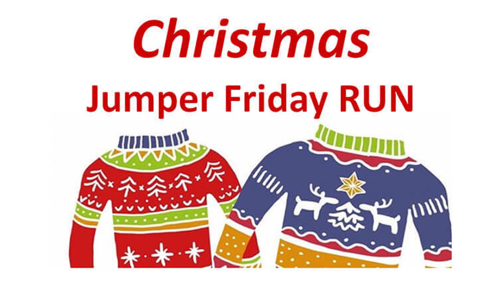 Illustration of two festive sweaters beneath the text "Christmas Jumper Friday RUN." The left sweater is red and green with white snowflakes, the right sweater is blue with white reindeer and Christmas trees.
