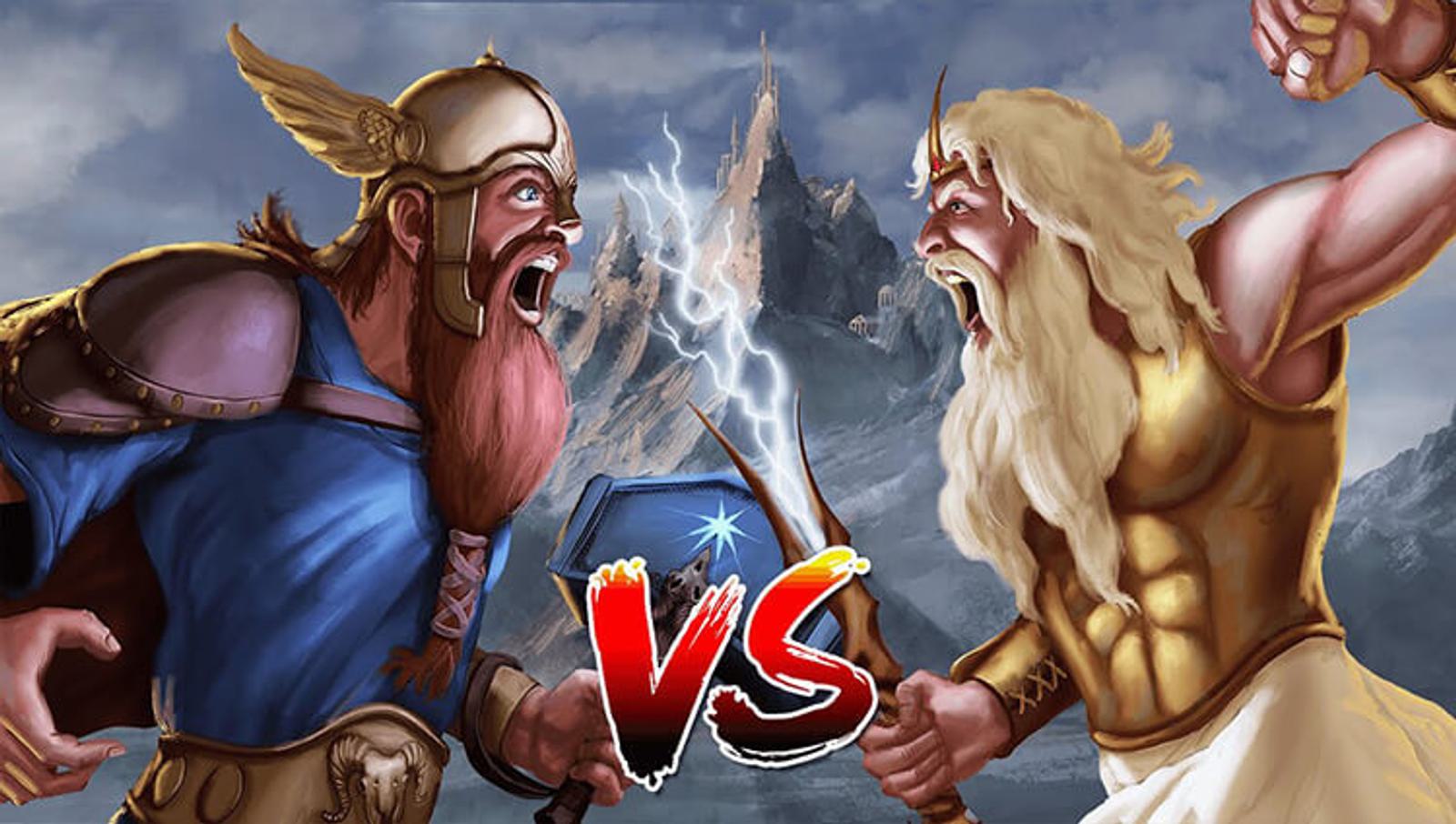 An illustration depicts two warrior-like figures facing off against each other. The figure on the left has a winged helmet and blue armor, while the figure on the right has a golden laurel crown and armor. A lightning bolt strikes the ground between them with "VS" in bold letters.