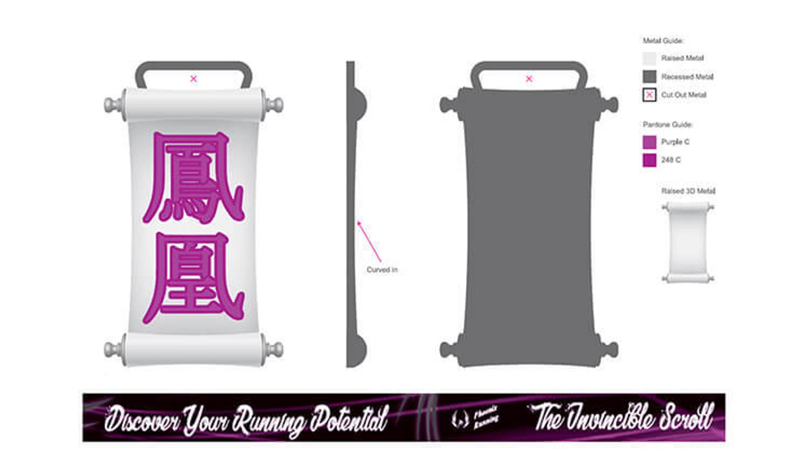 Illustration of a scroll-shaped medal design. The scroll features purple Chinese characters on a white background. Labels mention metal guides, Pantone color (purple C), and 3D aspects. The bottom banner reads "Discover Your Running Potential - The Unravelled Scroll.