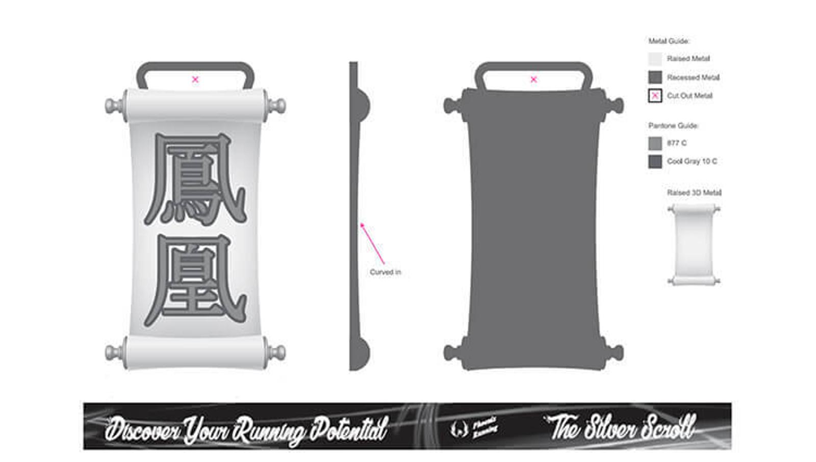 Illustration of a medal design shaped like a scroll with Asian characters in the center. A grey silhouette shows a side view and additional details. At the bottom, a banner says, "Discover Your Running Potential The Silicon Scroll.