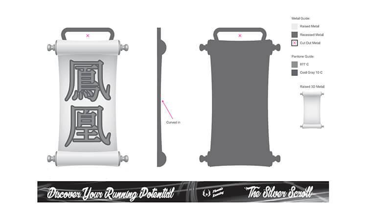 Illustration of a medal design shaped like a scroll with Asian characters in the center. A grey silhouette shows a side view and additional details. At the bottom, a banner says, "Discover Your Running Potential The Silicon Scroll.