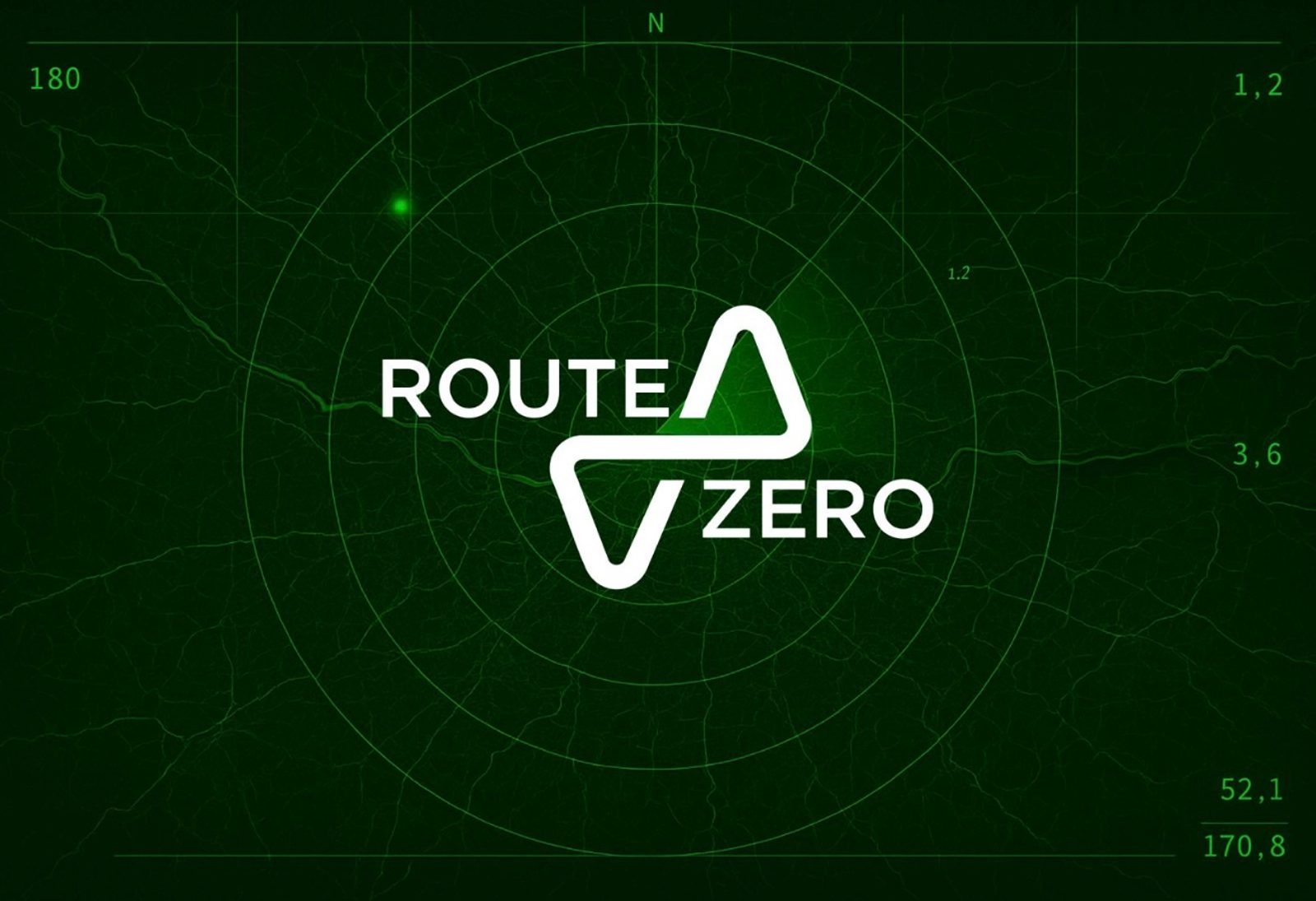 A green radar screen with circular grid lines displays the text "ROUTE ZERO" in white, separated by two interlocking triangles in the center, and white coordinates and numbers around the edges.
