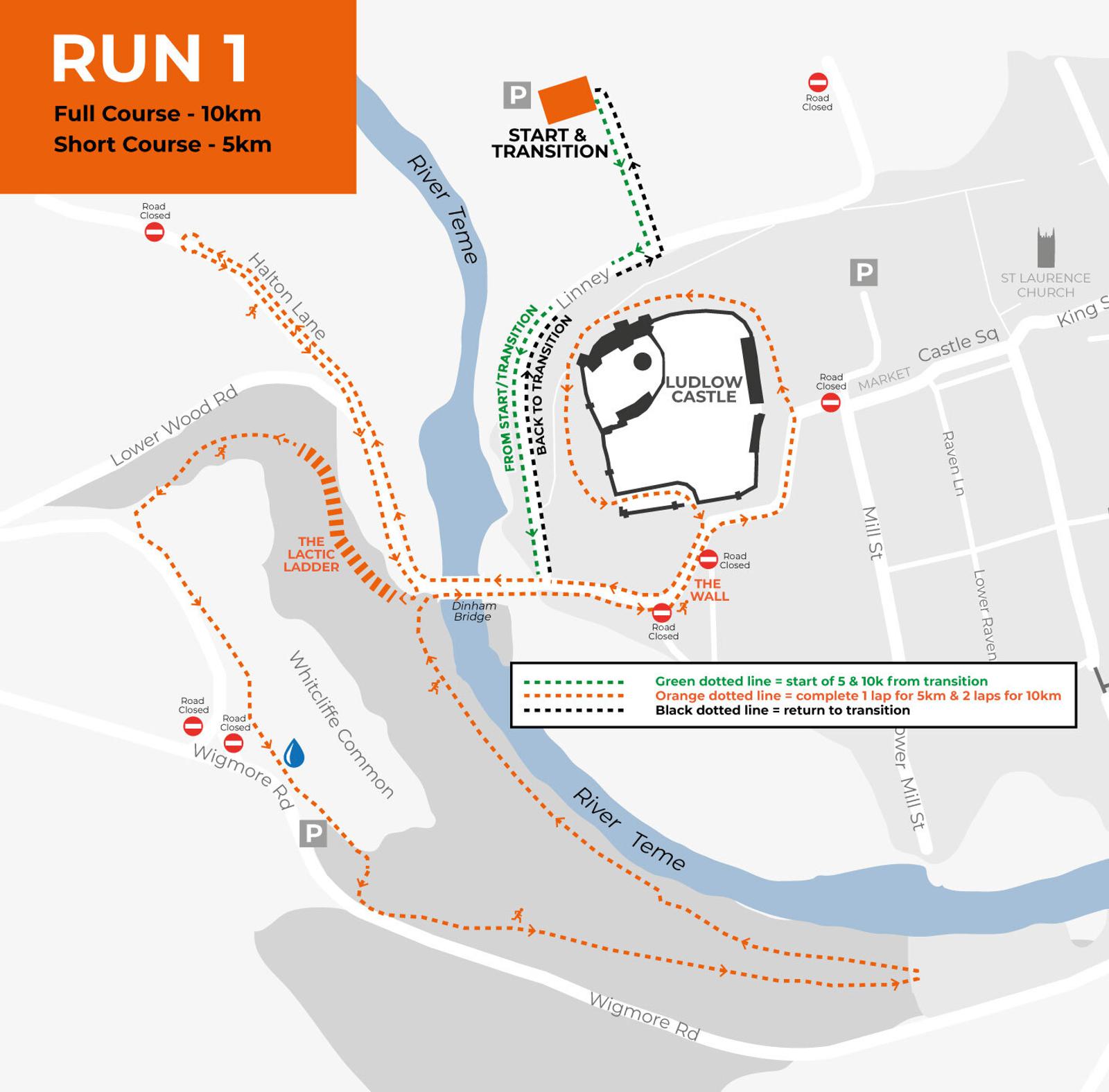Map of a running course around Ludlow Castle. The full course (10km) is marked with an orange dotted line, while the short course (5km) is marked with a green dotted line. Key landmarks include the River Teme and Wigmore Road.