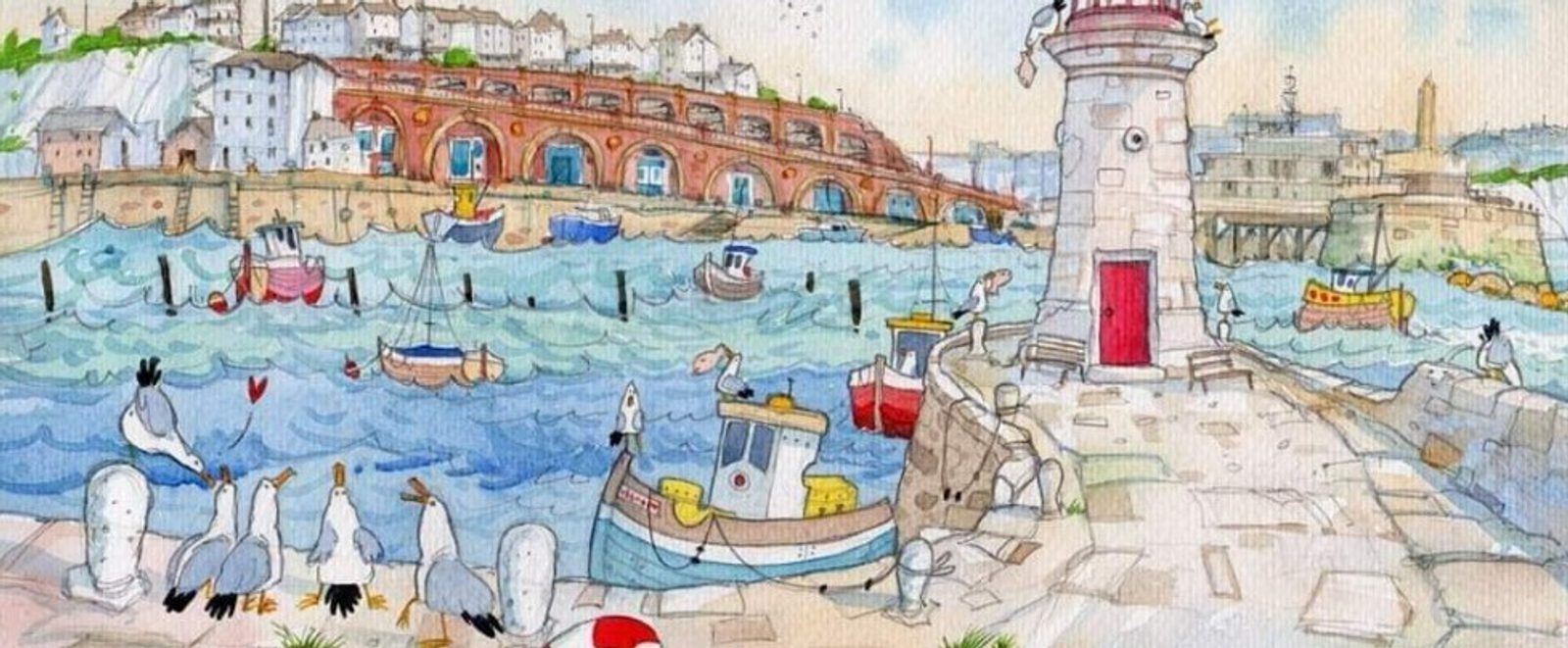 A lively harbor scene with seagulls, boats, and a lighthouse. The sky is bright, and colorful buildings line the hills in the background. Waves gently rock the boats, while seagulls perch on the dock and fly above. The setting appears cheerful and busy.