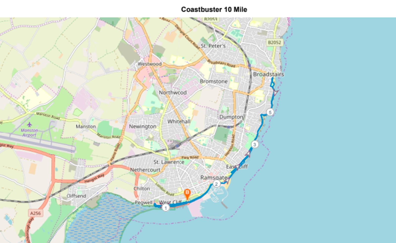 A map titled "Coastbuster 10 Mile" shows a running or cycling route along a coastal area. The route starts in Pegwell and proceeds through Pegwell Bay, past Ramsgate, Dumpton, Broadstairs, before finishing at a waypoint north beyond Broadstairs.