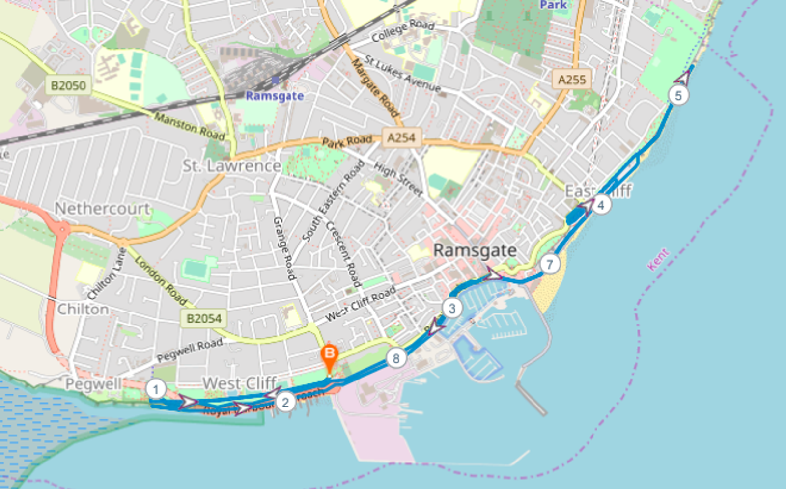 Map of Ramsgate showing a coastal route marked from point 1 to point 5 along the sea from West Cliff to East Cliff, passing through Westcliff Promenade and the Royal Harbour. Landmarks include parks, roads, and residential areas marked within the city.