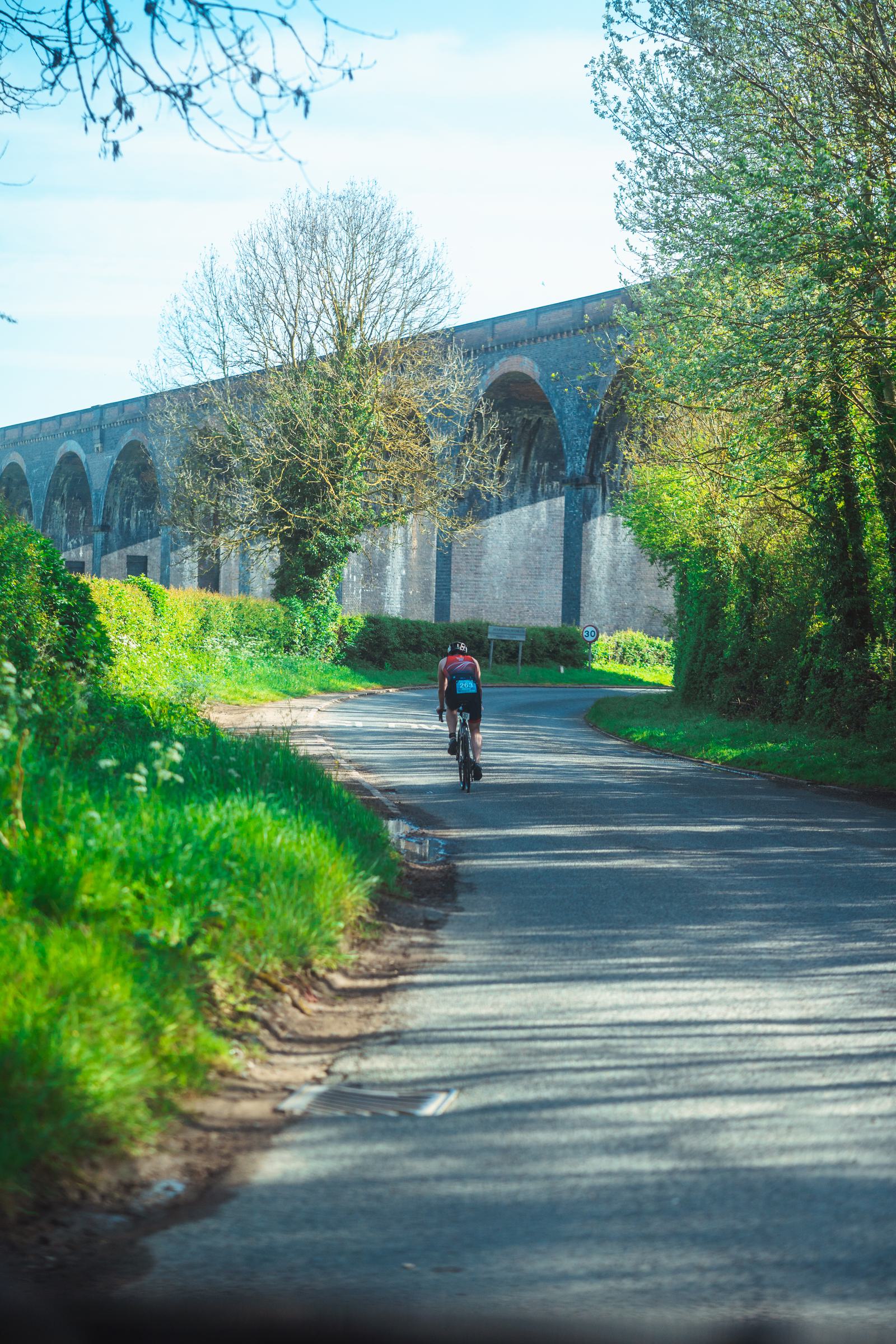 A cyclist rides along a sunny road lined with lush green trees and grass. In the background, an old stone viaduct extends across the landscape under a clear blue sky.