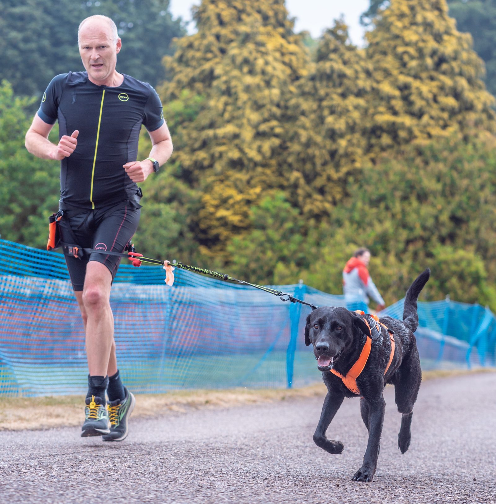 A man dressed in black sportswear is running on a pathway, holding a leash connected to a black dog wearing an orange harness. The background features blue fencing and out-of-focus trees and people. Both the man and the dog appear to be in motion.