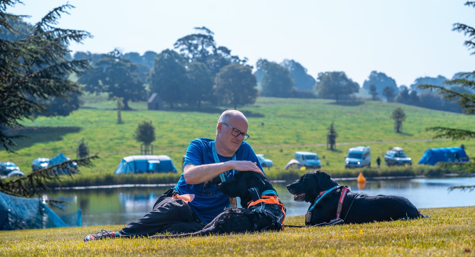 A person wearing a blue shirt and glasses is sitting on the grass petting two black dogs with orange harnesses. They are outdoors near a lake surrounded by trees and hills, with several tents and parked vehicles visible in the background.