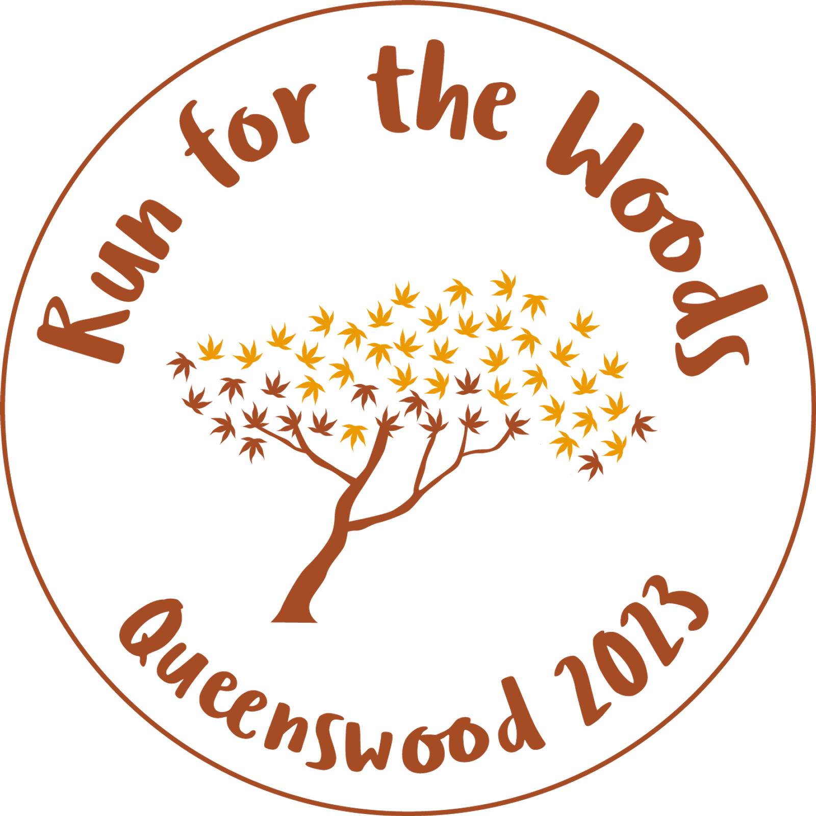 A circular logo reads "Run for the Woods" at the top and "Queenswood 2023" at the bottom, both in brown text. In the center, there is a simple illustration of a tree with brown branches and yellow leaves.