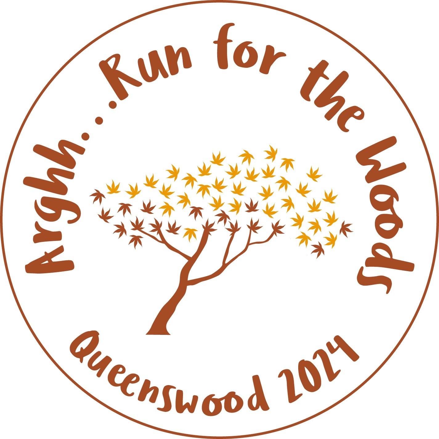 Circular logo with text "Arggh... Run for the Woods" at the top and "Queenswood 2024" at the bottom. In the center, there is an illustration of a tree with brown branches and yellow leaves.