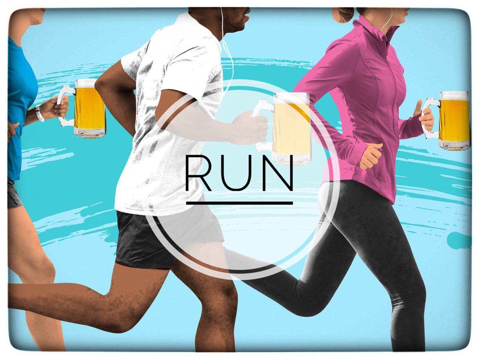 Three people are running while holding large beer mugs. The word "RUN" is prominently displayed in the center of the image. Two runners appear to be in athletic gear, one in a white shirt and the other in a purple jacket, set against a blue background with white accents.