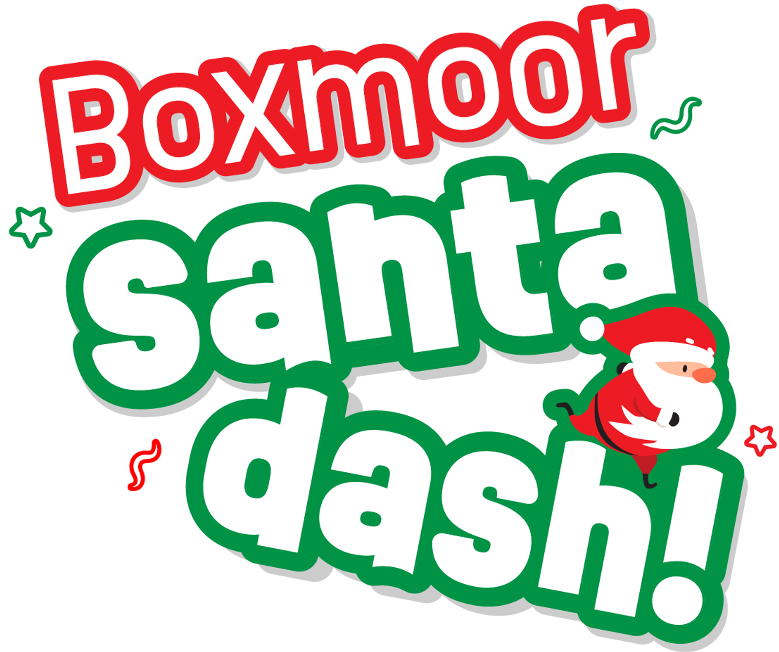 Boxmoor Santa Dash logo with festive colors, featuring the words 'Boxmoor Santa Dash!' in bold red and green text. A cartoon Santa Claus figure is running alongside the text, adding a playful holiday touch with decorative stars and squiggles around.