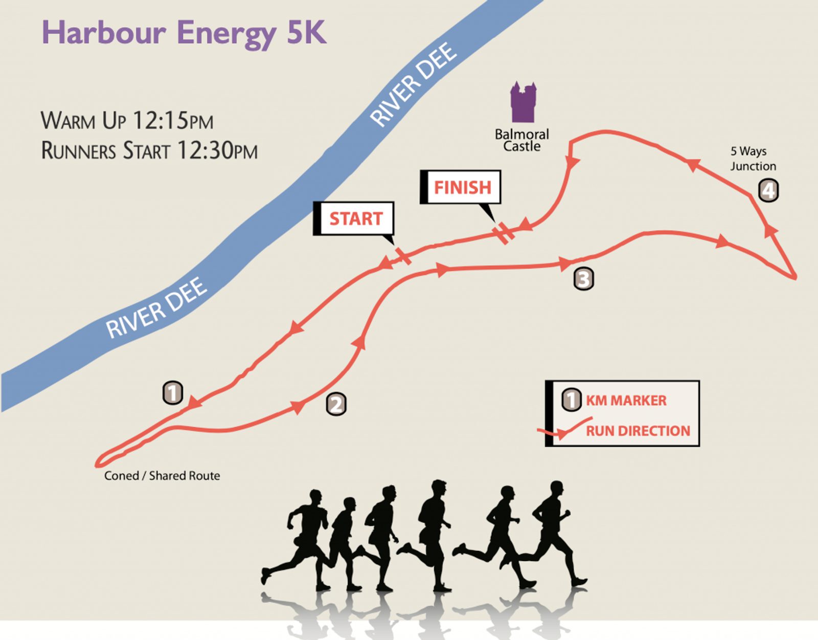 Map of the Harbour Energy 5K run. The route shows a double-loop path along the River Dee with a starting point, finish line, and four checkpoints marked. The warm-up begins at 12:15 PM, and the race starts at 12:30 PM. A silhouette of runners is at the bottom.
