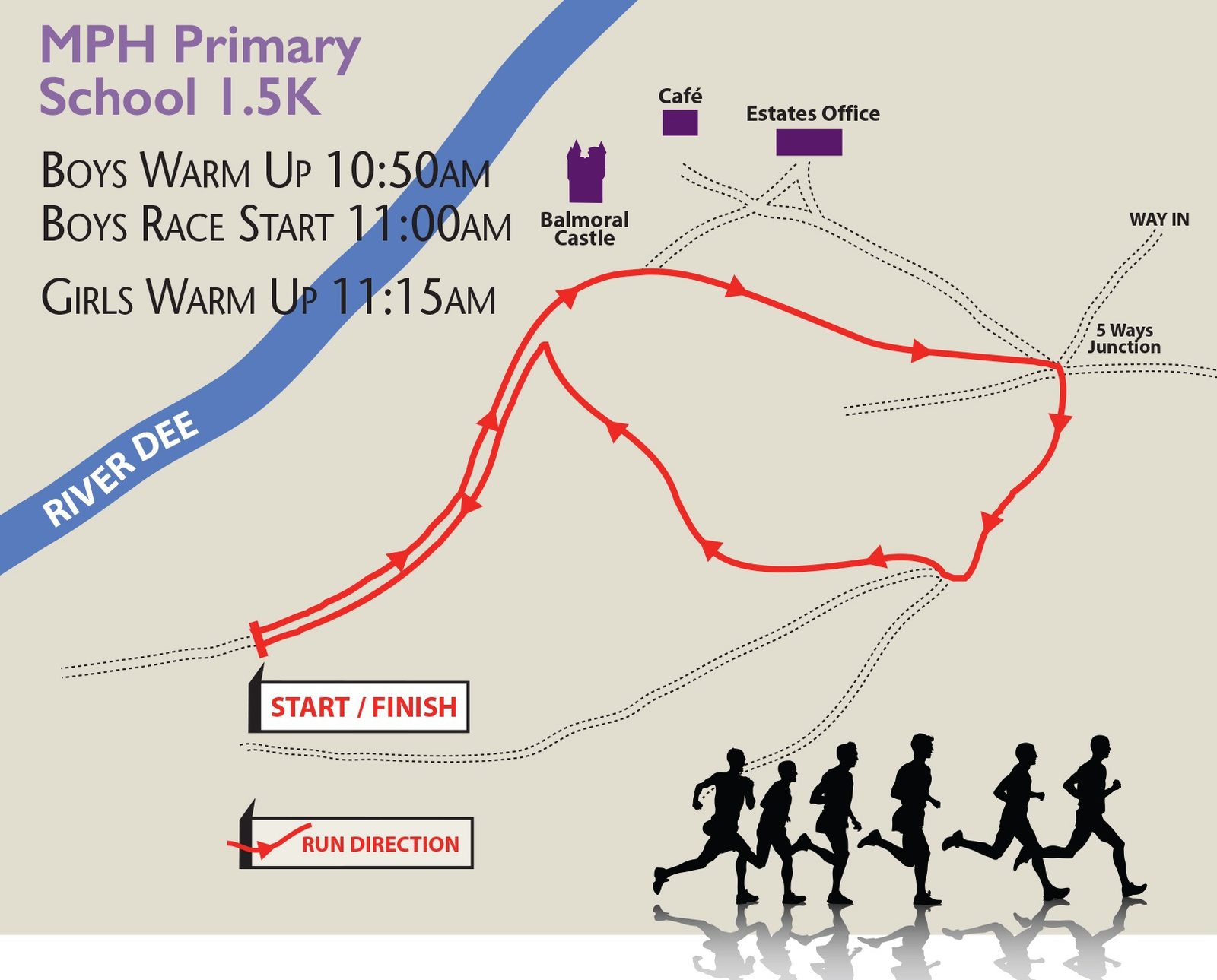 A map titled "MPH Primary School 1.5K" shows a running route starting and finishing next to the River Dee. It indicates warm-up and race start times, the direction of the run, landmarks like Balmoral Castle, and silhouettes of runners at the bottom.