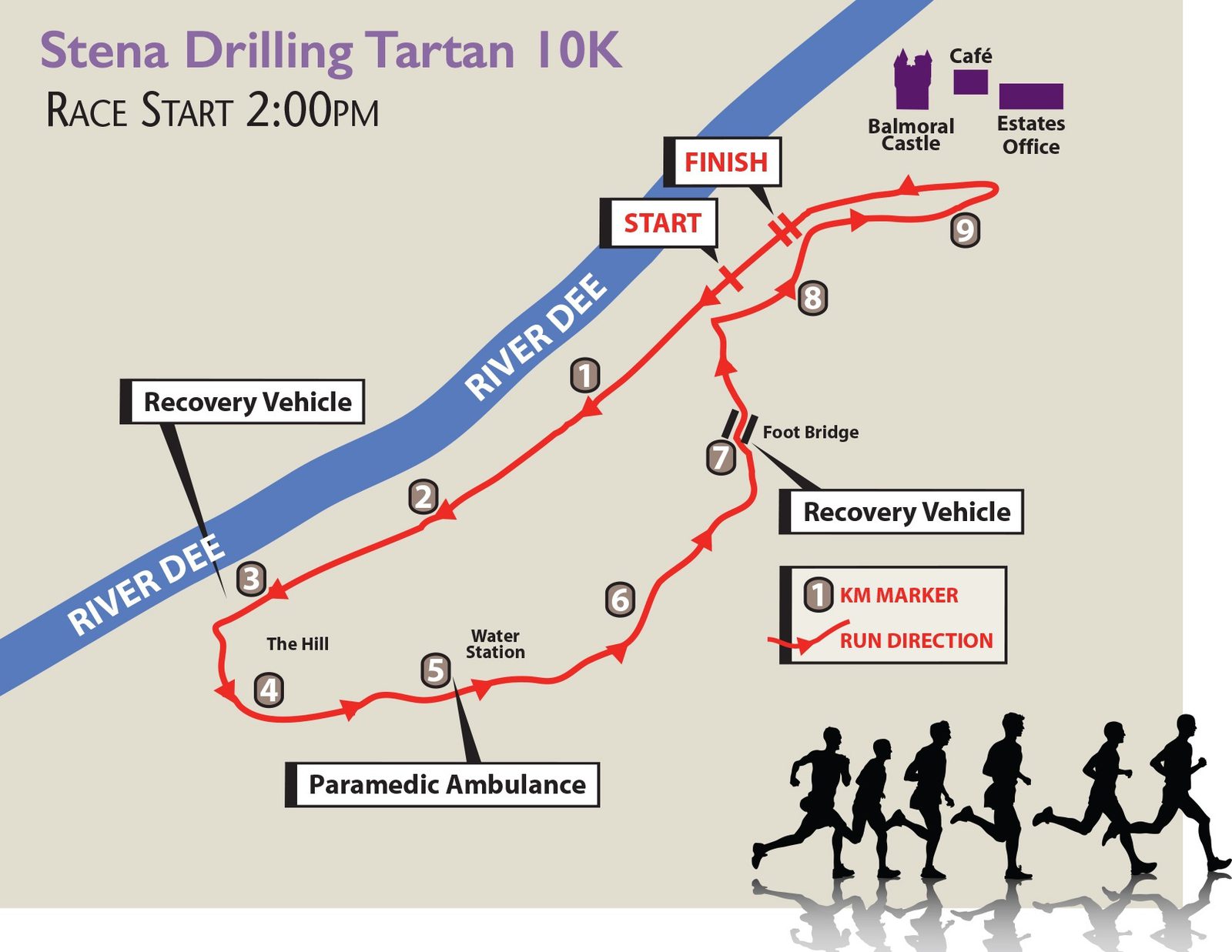 Map of the Stena Drilling Tartan 10K race route near River Dee, starting and finishing near Balmoral Castle. Key points marked include a water station, paramedic ambulance, recovery vehicle, cafe, and estates office. Runners are depicted along the bottom.