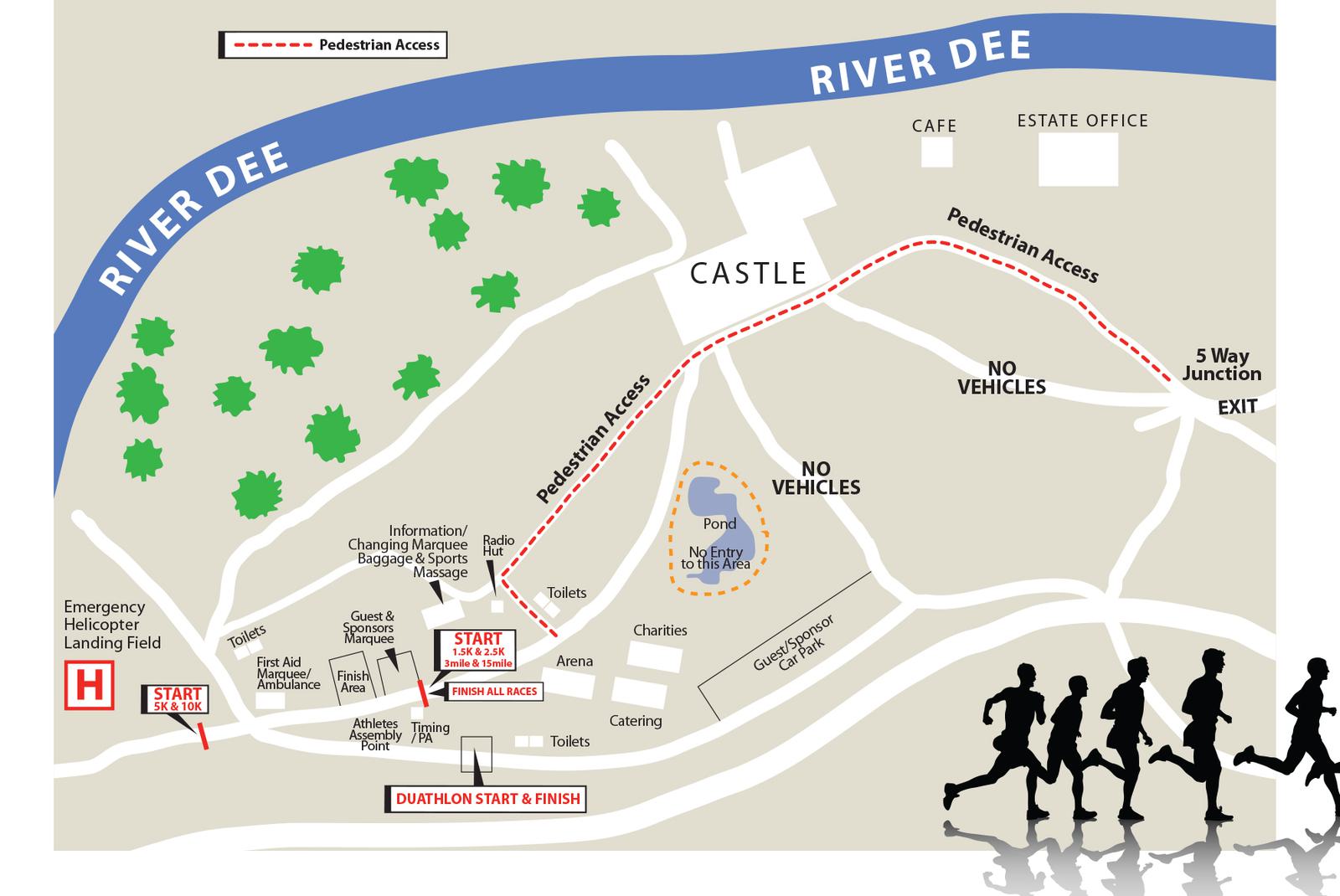 A map of a duathlon event at a castle near the River Dee, showing pedestrian access routes, no vehicle zones, start and finish lines, emergency landing field, and amenities like cafe, toilets, and information points. Silhouettes of runners are depicted.