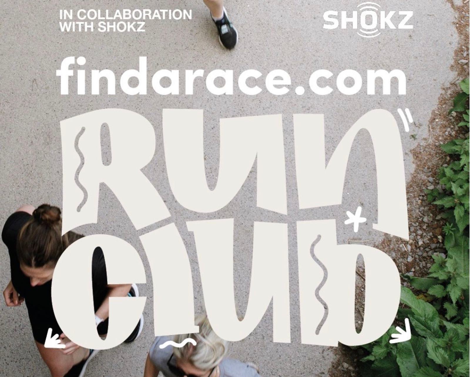Overhead view of three people running on a path. The text reads "findarace.com RUN CLUB" and "In collaboration with Shokz." Green foliage is visible on the right side.