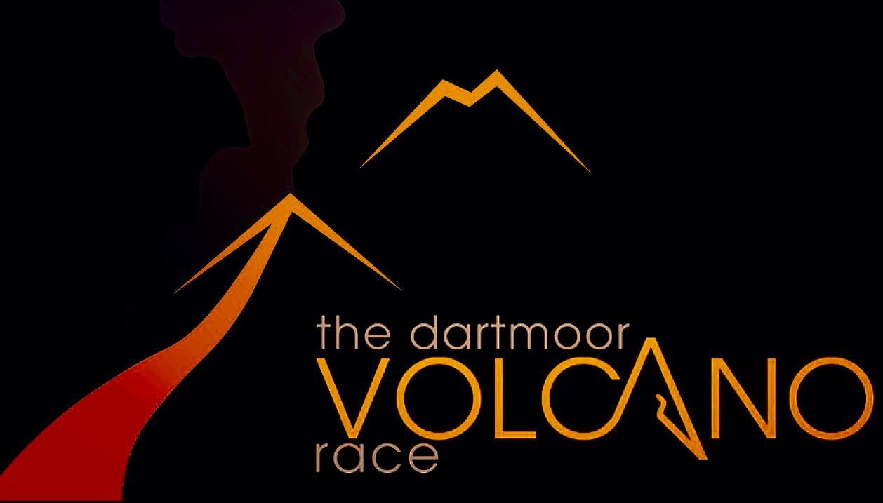 Logo for "The Dartmoor Volcano Race" featuring stylized volcano shapes. The design includes a red lava flow and the word "VOLCANO" in bold orange letters, with mountain peaks forming the "V" and "A" letters. The background is black.