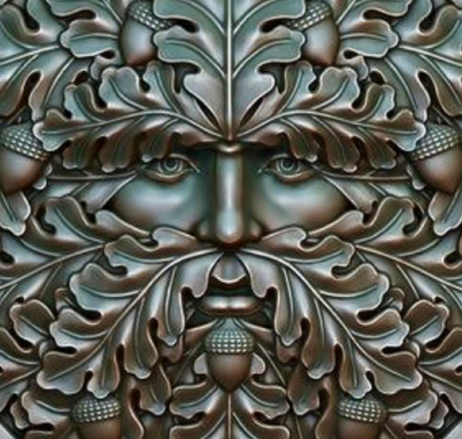 Intricate artwork depicting a face hidden among detailed oak leaves and acorns, creating a nature-inspired design with a mystical appearance. The face has sharp features and is seamlessly integrated into the foliage.