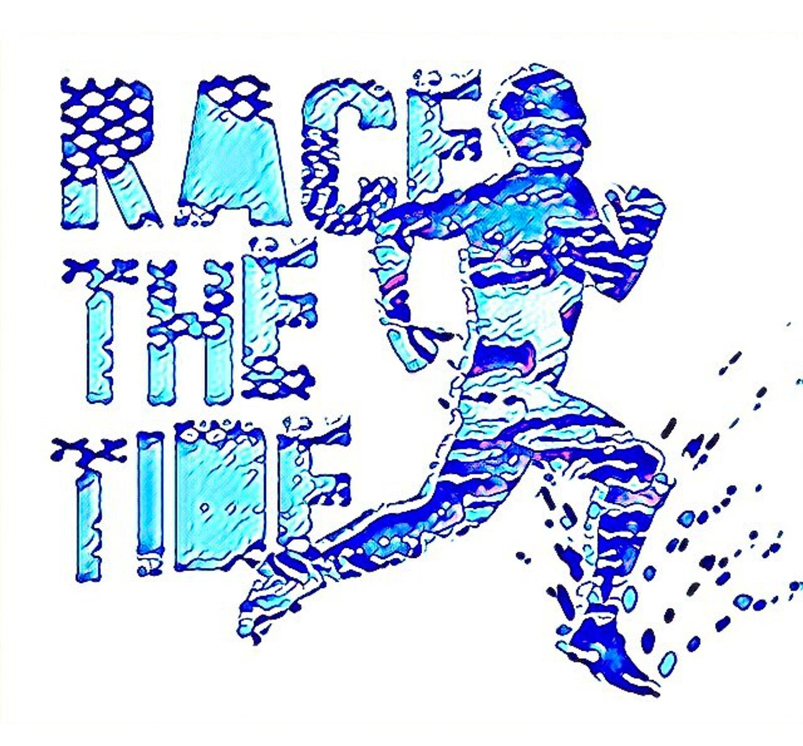 Stylized blue and white illustration of a person running, with water splash effects. The text "Race the Tide" is integrated into the design, giving a sense of motion and aquatic theme.