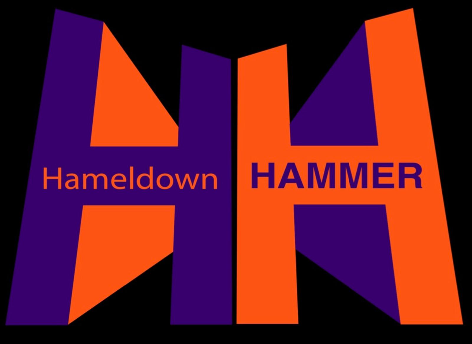 The image features a stylized logo comprised of two large letters "H" in alternating purple and orange colors. The left "H" has the text "Hameldown" in purple, and the right "H" contains the text "HAMMER" in orange. The background is black.