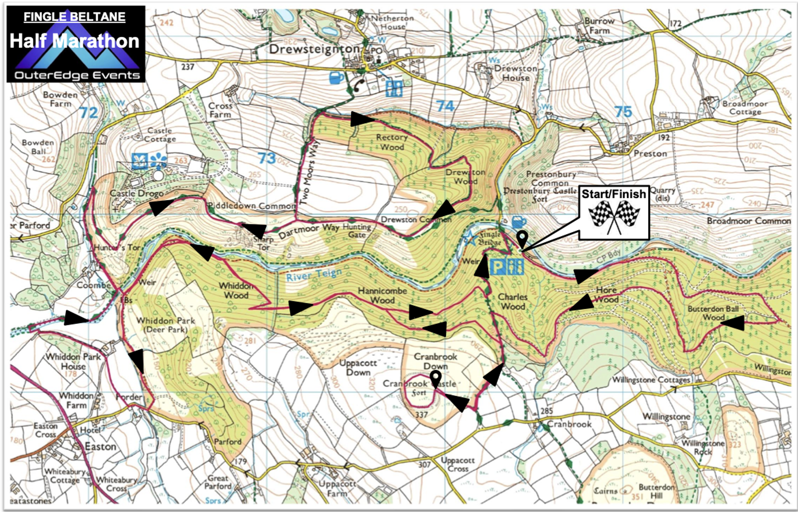 Map of the Fingle Beltane Half Marathon route near Drewsteignton, featuring marked trails, arrows indicating direction, start/finish line, parking areas, and various landmarks such as woods, rivers, and roads.