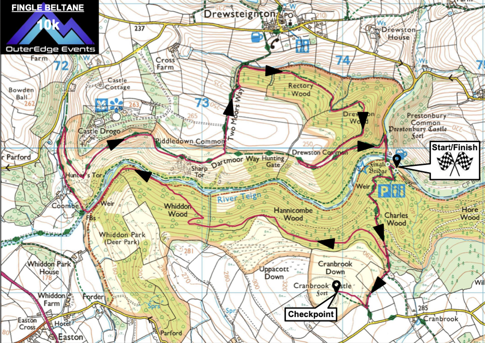 A detailed topographic map showing a 10k running route for the Fingle Beltane event. The course starts and finishes near Drewsteignton, passing landmarks like Dartmoor Way and Cranbrook Down. Checkpoints and arrows indicate directions along the path.