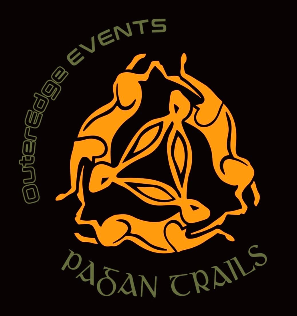 Logo for OuterEdge Events Pagan Trails featuring orange silhouettes of people holding hands, forming a circle around a central triquetra symbol, with the event names in stylized green text on a black background.