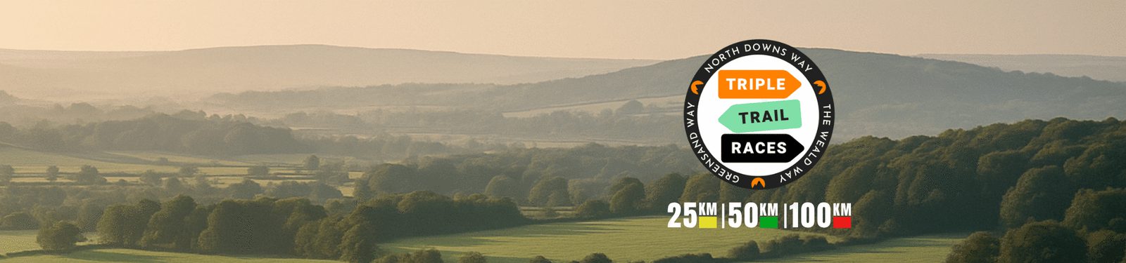Rolling green hills under a hazy sky with a "Triple Trail Races" logo and text: "25M | 50M | 100M" overlaid, indicating race distances.