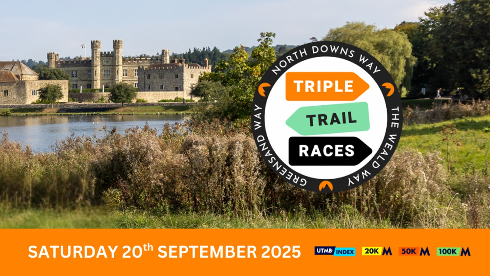 A scenic landscape with a castle by a lake and trees. Overlaid is a "Triple Trail Races" badge and a colored band stating: "Saturday 20th September 2025" with race distances 20K, 50K, and 100K.