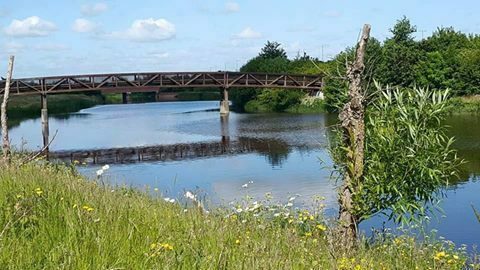 A serene riverside scene featuring a wooden bridge spanning across a calm river. The foreground is filled with lush grass and wildflowers. Trees and bushes line the riverbanks under a partly cloudy sky.