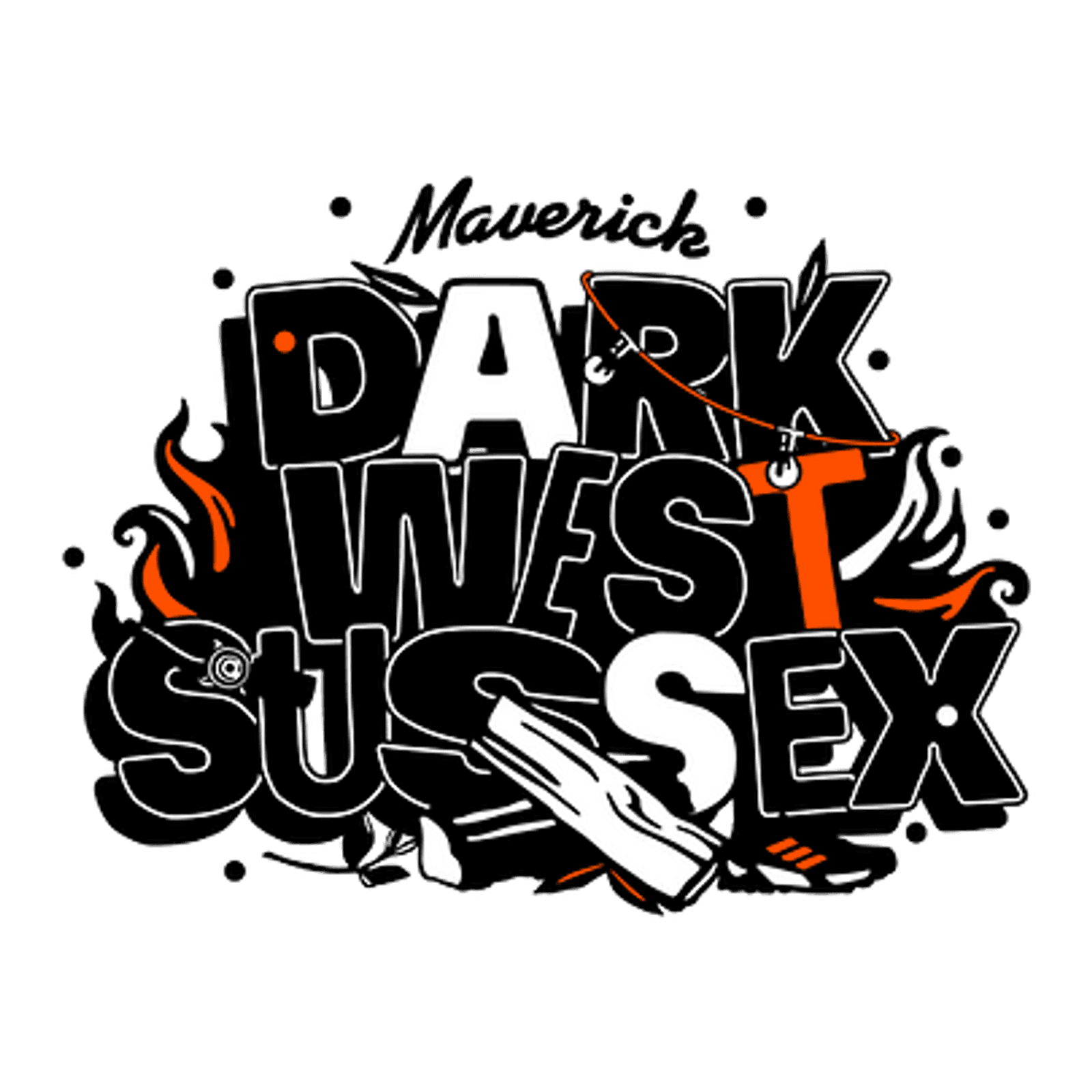 A stylized logo for "Maverick Dark West Sussex." The text is bold with dynamic elements like flames, a compass, a log, and an outdoor tent, combining to create an adventurous and rugged theme. The color scheme is primarily black, white, and orange.