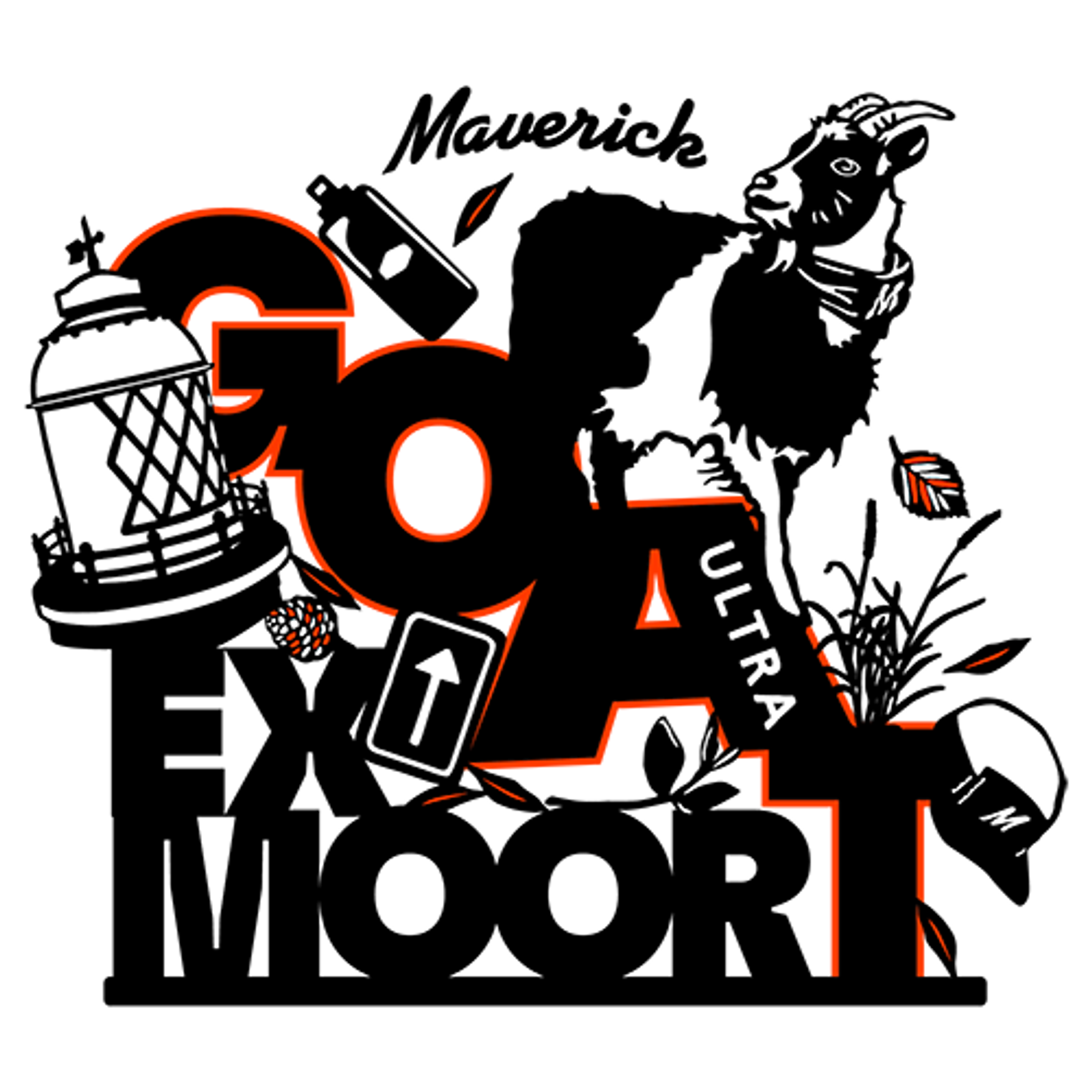 Logo for the Maverick Exmoor Trail running event featuring a goat standing on large text that spells "GOAT" and "EXMOOR." The design includes trail signs, a lantern, leaves, and a bottle. The word "ULTRA" is written vertically along the goat.