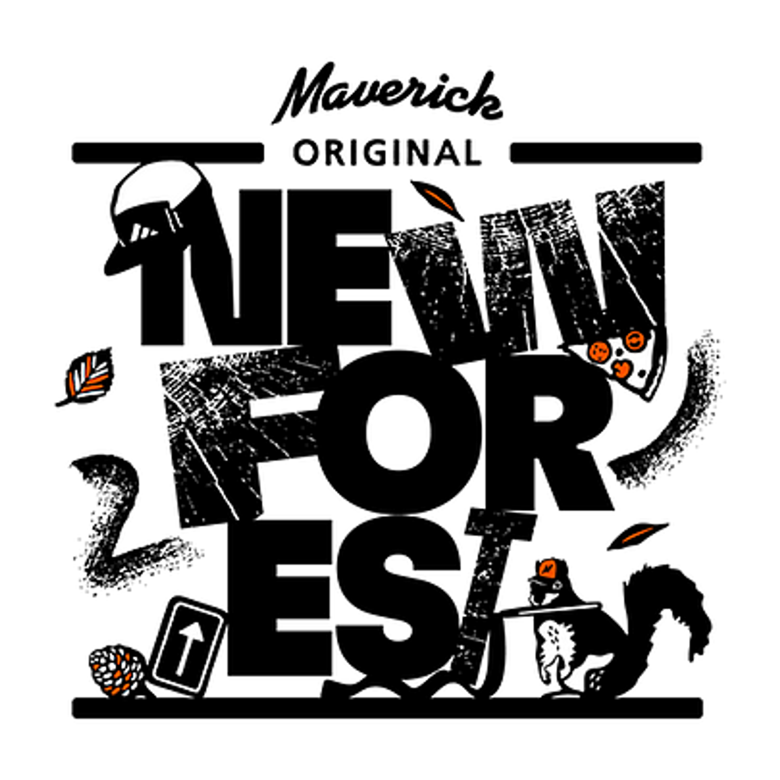 Stylized text graphic reading "Maverick Original NEW FOREST." The letters are surrounded by illustrations of trees, leaves, an arrow sign, a skunk, and a person in a helmet. The design is playful and nature-themed.