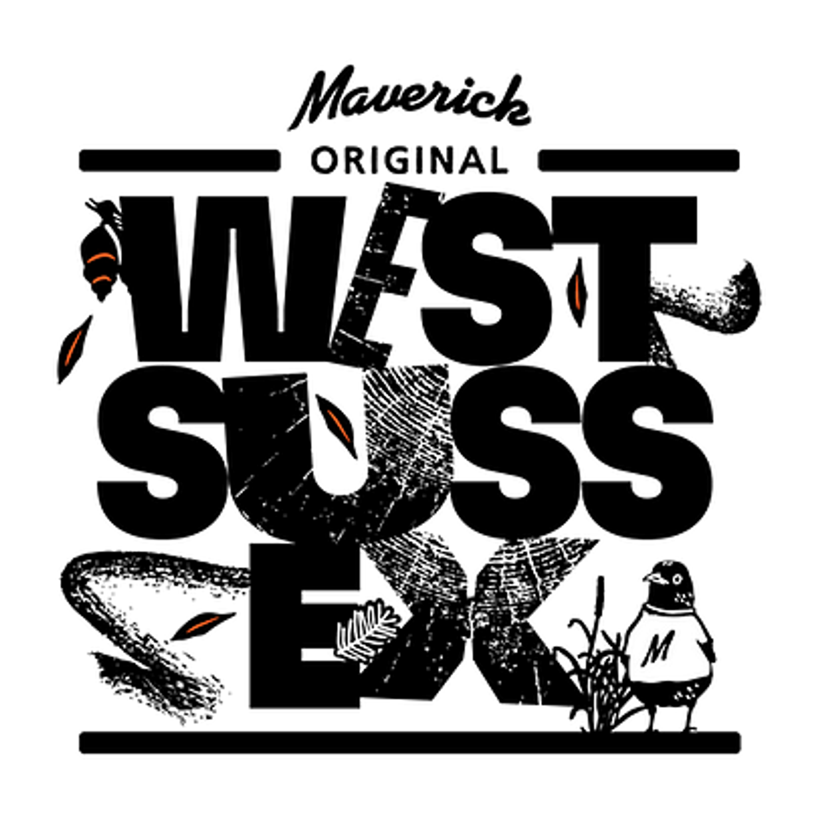 A stylized graphic with bold text reading "Maverick Original West Sussex." The letters are adorned with small illustrations, including leaves, a caterpillar, and a bird. A small character wearing a hat and a sweater with the letter "M" stands towards the bottom right.